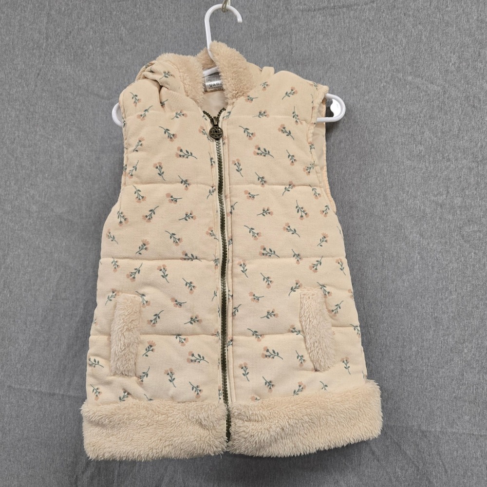 Nicole Miller Girls Floral Corduroy Puffer Vest Faux Fur Trim Hooded Tan Size 7